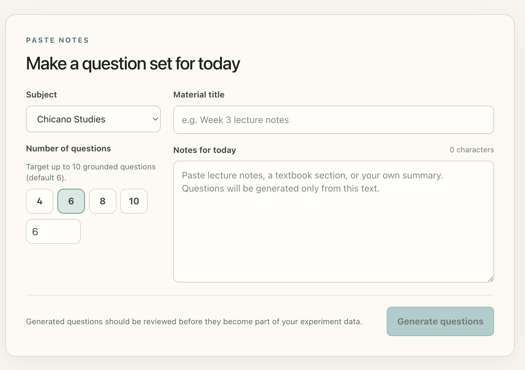 Question set creation screen with a question-count picker